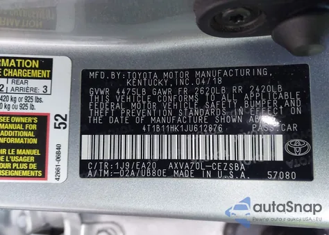 2018 Toyota Camry Se из США, поврежденный, VIN 4T1B11HK1JU612876